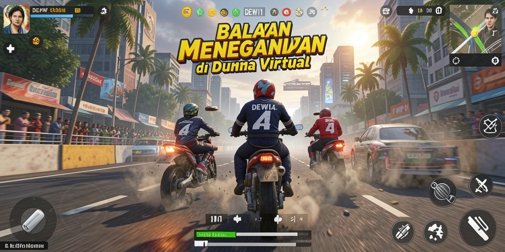 Tangkapan layar gameplay DEWI11 menampilkan aksi balapan yang mendebarkan.