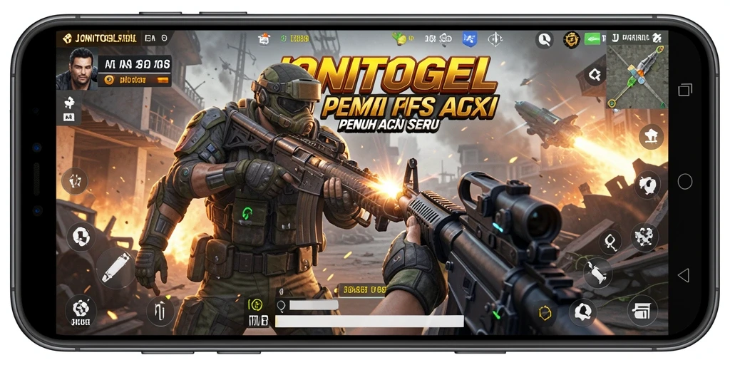 Screenshot utama JONITOGEL menunjukkan aksi tembak menembak yang intens dalam game FPS.
