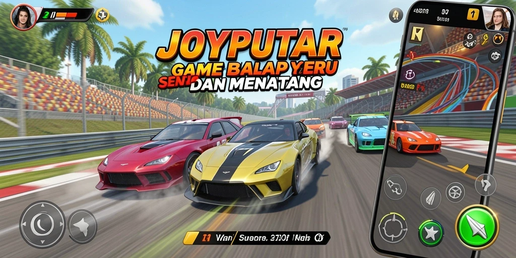 Tangkapan layar JOYPUTAR menunjukkan aksi balapan yang intens dan mendebarkan.