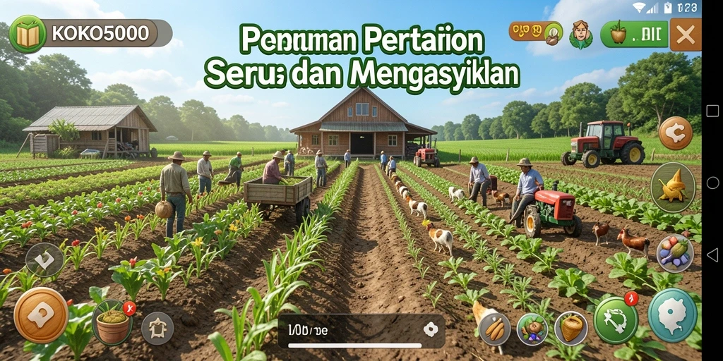 Tampilan gameplay KOKO5000 yang menampilkan ladang hijau subur.