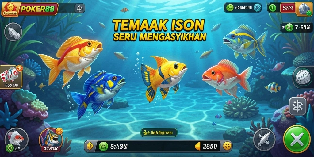 Screenshot gameplay POKER88 yang menunjukkan aksi menembak ikan.