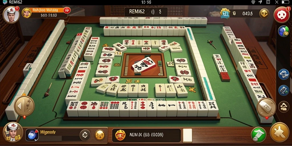 Tampilan gameplay REMI62 dengan ubin Mahjong yang berwarna-warni.