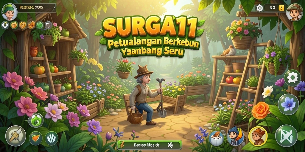 Gameplay SURGA11 yang menampilkan kebun yang indah dan tanaman yang beragam.